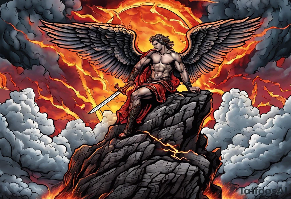 Michael the Archangel standing on top of satan laying on rock over hot lava.  Clouds and lightning in background. tattoo idea