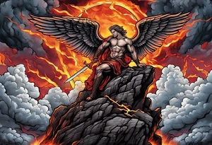 Michael the Archangel standing on top of satan laying on rock over hot lava.  Clouds and lightning in background. tattoo idea