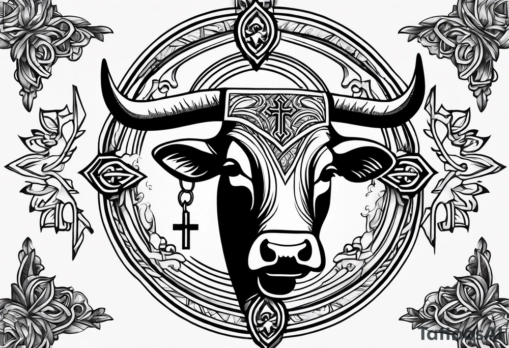 leather  detail with cow tag and cross sleeve tattoo idea