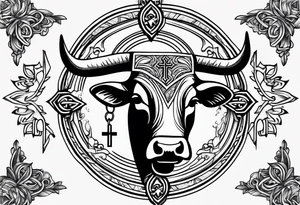 leather  detail with cow tag and cross sleeve tattoo idea