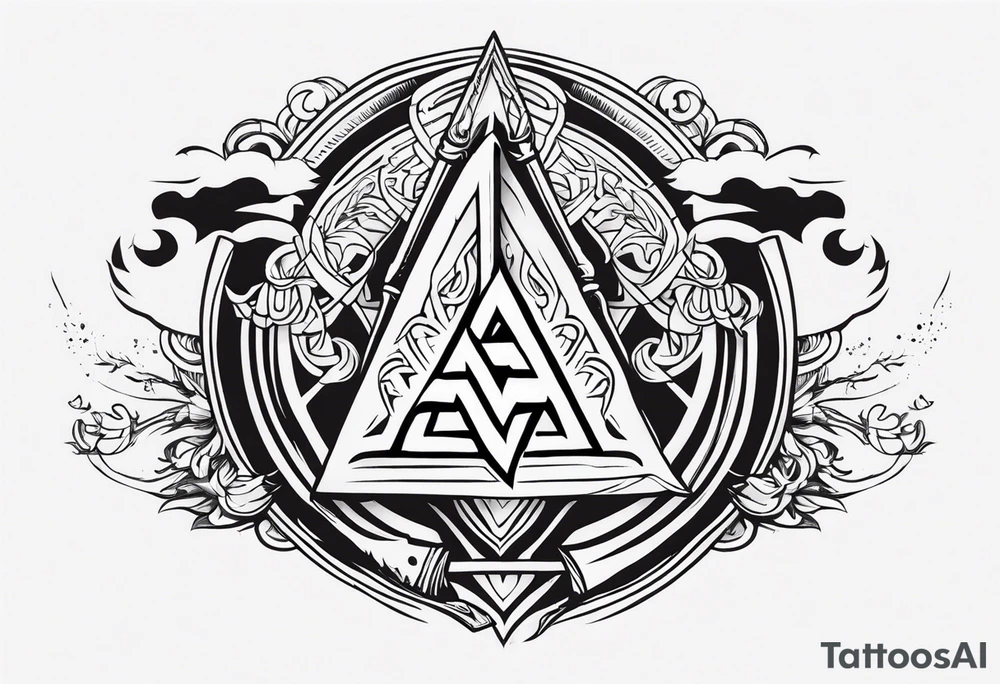 Valhalla sword 
shield axe Valknut mist tattoo idea