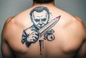 Scary Micheal Myers with a bloody knife with a extended magazine and money bag full of money tattoo idea