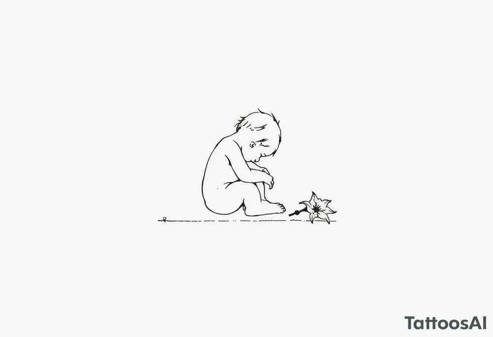 A simple tile floor with a minimalist outline of a curled up child sitting on the floor with a lily next to her tattoo idea