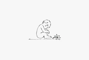 A simple tile floor with a minimalist outline of a curled up child sitting on the floor with a lily next to her tattoo idea