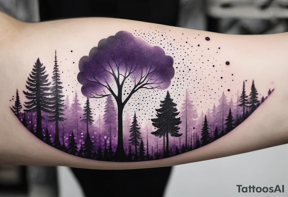 forest, lineswork, purple and black tattoo idea