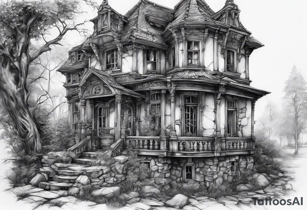 fool sleeve,, abandoned old gotic house, broken sword tattoo idea