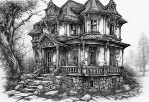 fool sleeve,, abandoned old gotic house, broken sword tattoo idea