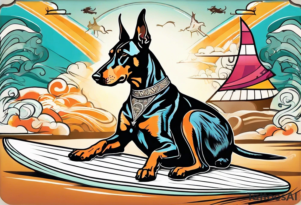 doberman smoking a cigar on a surfboard with a goat with larger horns tattoo idea