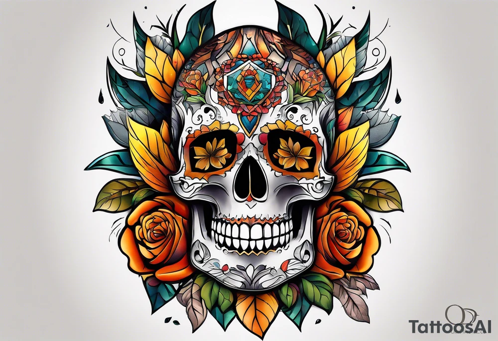 center knee tattoo with fall colors, flowers, skulls and geometric shapes. tattoo idea