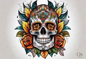 center knee tattoo with fall colors, flowers, skulls and geometric shapes. tattoo idea