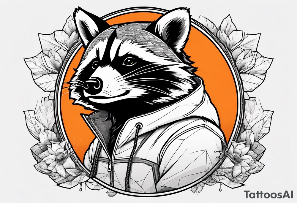 Raccoon wearing an orange Superman hoodie tattoo idea