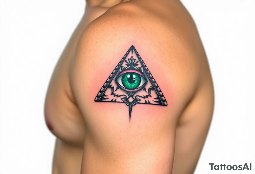 A Pyramid with an All-Seeing Green Eye at the Top (only red , blue and black are possible colors) tattoo idea