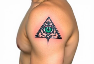 A Pyramid with an All-Seeing Green Eye at the Top (only red , blue and black are possible colors) tattoo idea