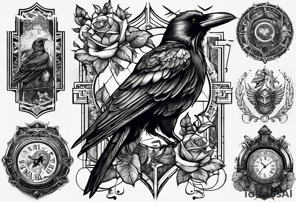 I want a tattoo that goes from the shoulder to the elbow including a scorpion, the metraton cube, the crow and the Roman numeral 19. tattoo idea