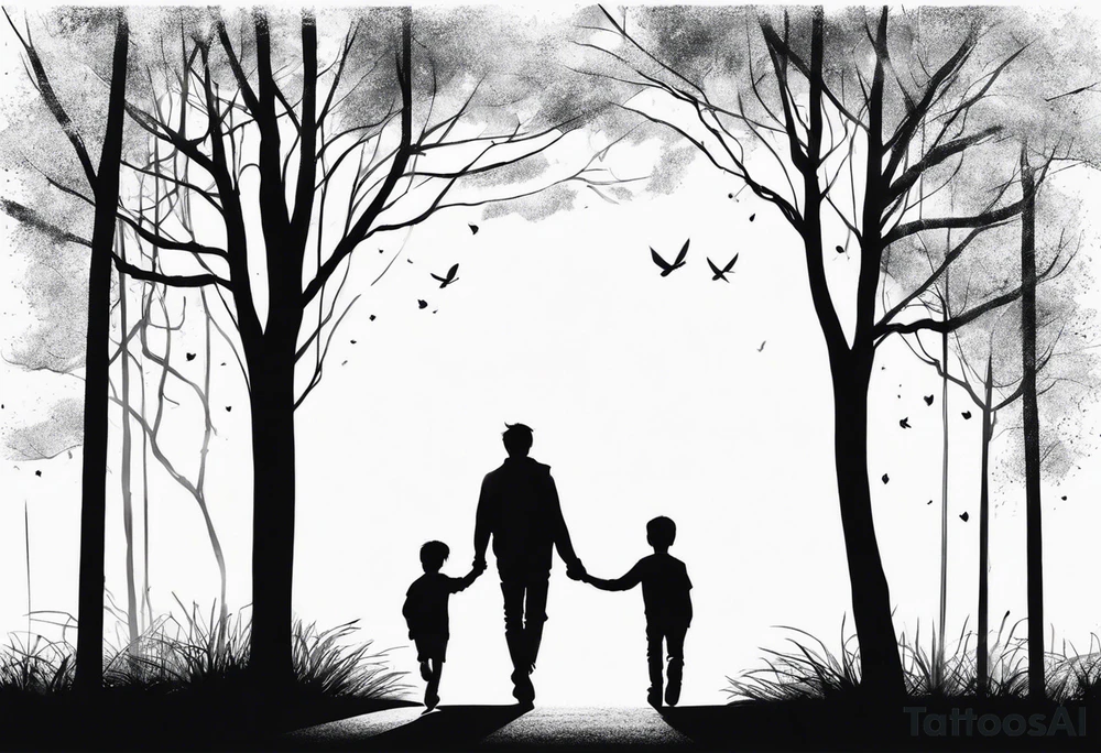 A tree, underneath the tree place a man and a boy holding hands walking into distance tattoo idea