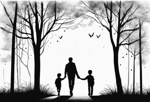 A tree, underneath the tree place a man and a boy holding hands walking into distance tattoo idea