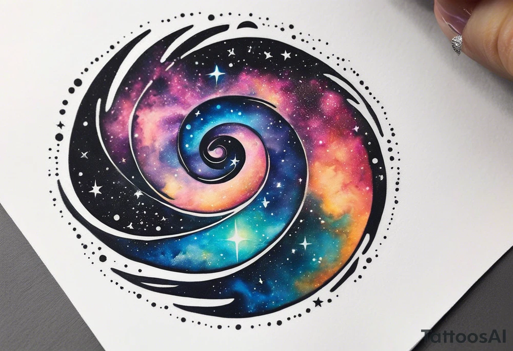 I want a spiral nebula space galaxy tattoo that's colorful and bright and cute and is nice to look at I don't want a traditional circle I want it like the ones thay look like an s shape and this tattoo will be on my left buttcheek and light colors I want more spread and less circle tattoo idea