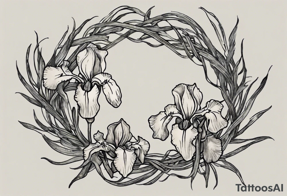Create a small Vincent van Gogh Irises tattoo, with vines gracefully intertwining at a central point in the middle of the wreath.  The intended placement is on the upper chest. The overall design should be small in size while maintaining a delicate and artistic aesthetic. Pay attention to the graceful flow of the vines and the placement of the irises to achieve a refined and elegant look. tattoo idea