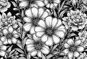 3 Vervain (Verbena) flowers with small leaves around them. tattoo idea