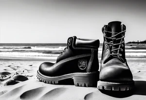 Two flip flops next to a pair of timberland boots on the Beach. tattoo idea