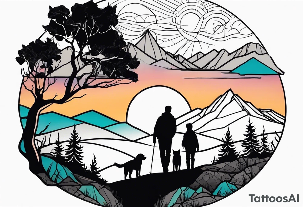 nature, sunset, mountains, a father and son hiking with their dog and cat and a cross tattoo idea