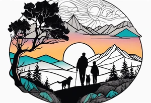 nature, sunset, mountains, a father and son hiking with their dog and cat and a cross tattoo idea
