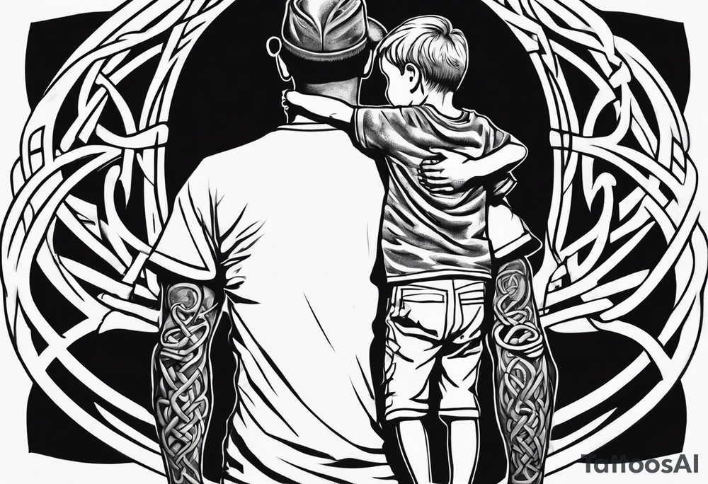 a father with his son on his shoulders from behind. A subtle design on their backs of celtic music. tattoo idea