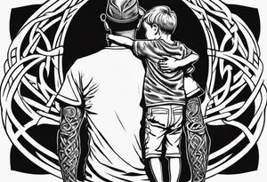 a father with his son on his shoulders from behind. A subtle design on their backs of celtic music. tattoo idea