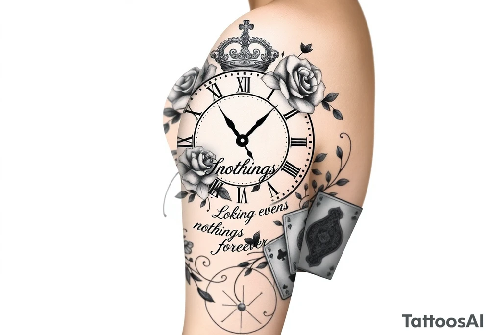Roman clock with roses and a crown, a quote that says nothings forever. and on the bottom a deck of cards tattoo idea