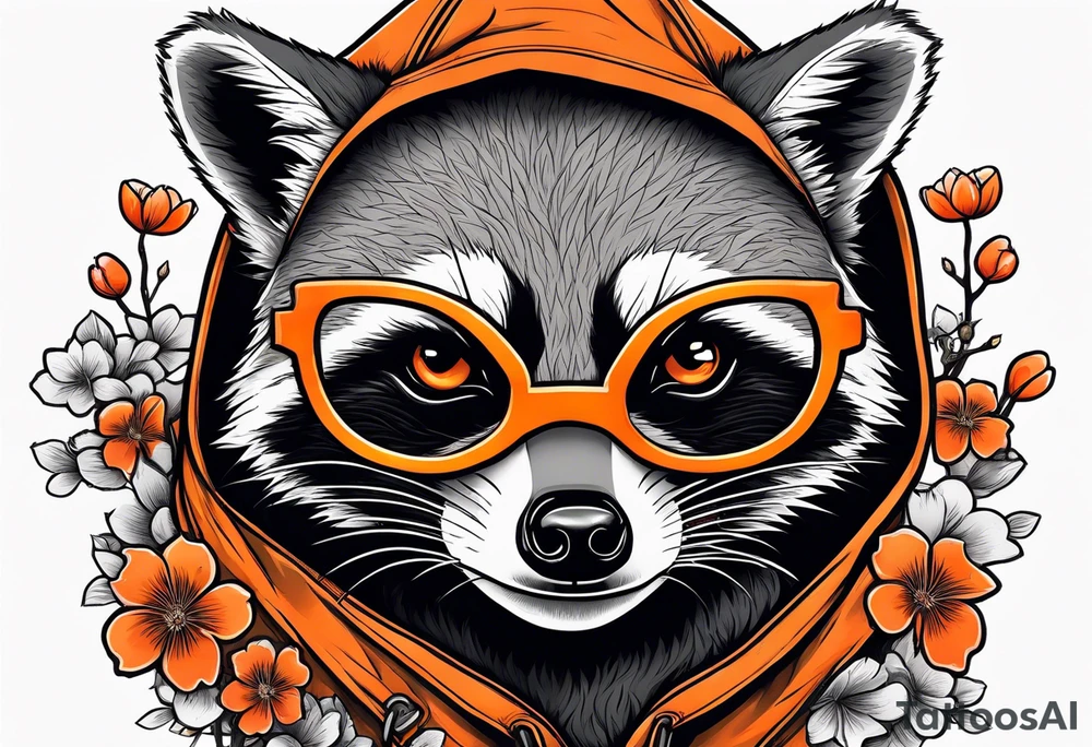 raccoon wearing a black and white Superman hoodie and orange Japanese cherry blossoms tattoo idea