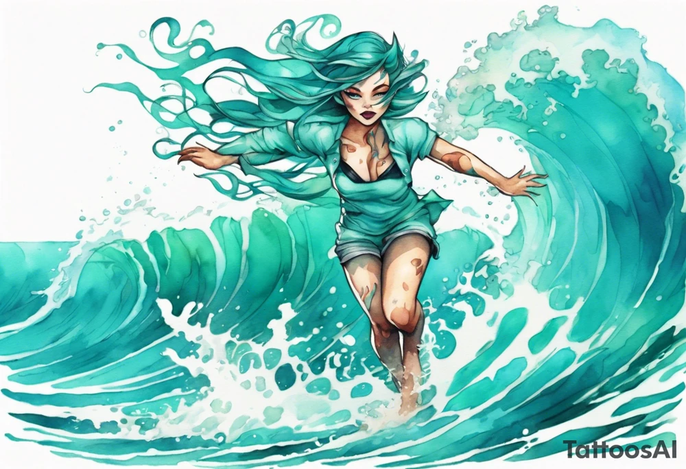 a beautiful turquoise catgirl emerging from an ocean wave, crashing onto the shore tattoo idea