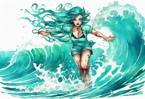 a beautiful turquoise catgirl emerging from an ocean wave, crashing onto the shore tattoo idea