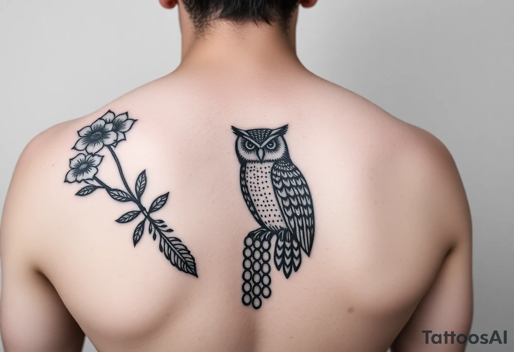 Flower, feather, Mardi Gras beads and a owl 
Sleeve tattoo idea