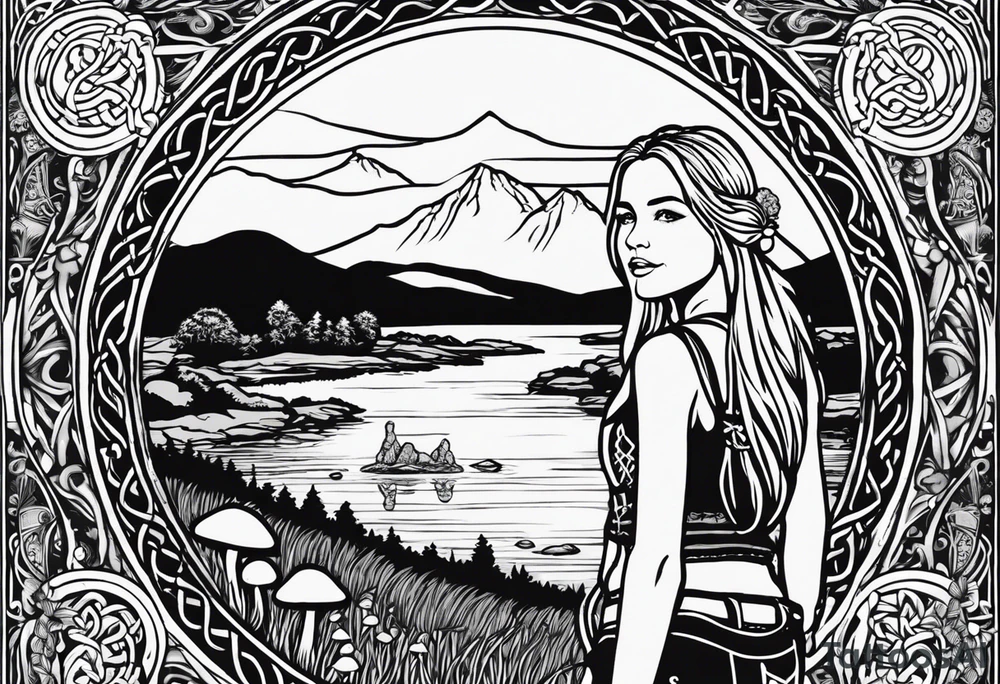 Whole picture encircled fully

Straight long blonde hair hippie girl in distance holding mushrooms in hand facing away toward mountains and creek surrounded by mushrooms long sleeve shirt and hiking pants; whole rendering within a full celtic circle border, no cut off circle tattoo idea
