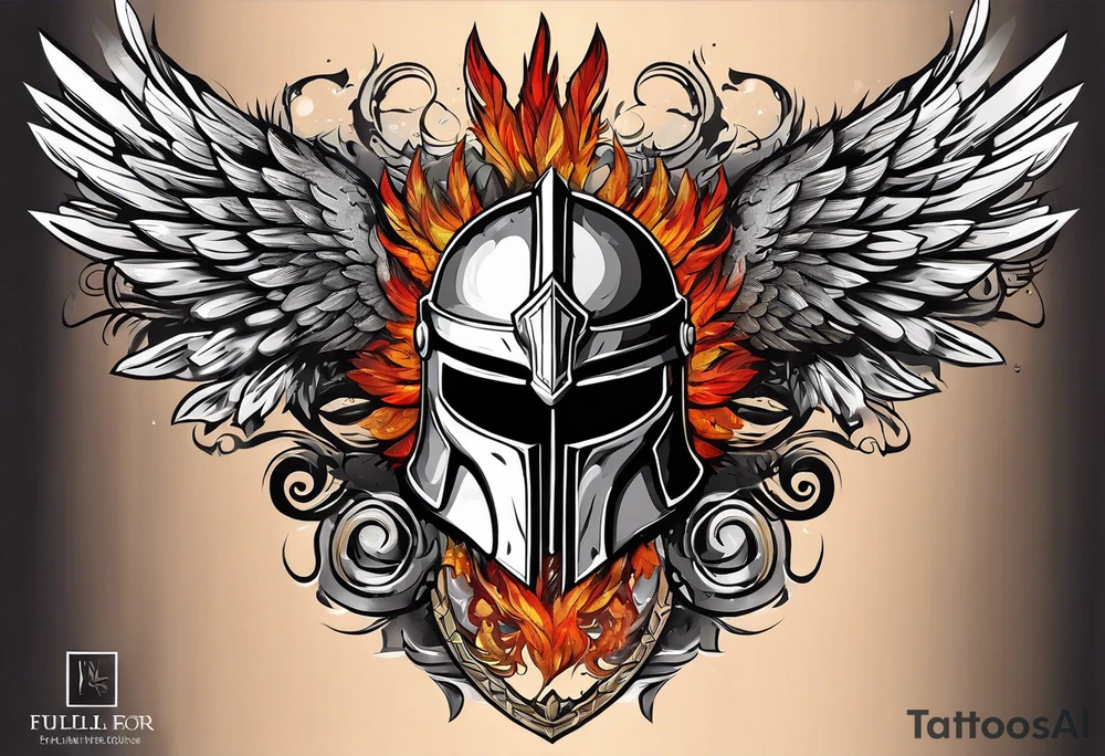 A Spartan Helmet with a phoenix encompassing it. The head of the phoenix would be above it and the wings would go around it and the tail would be below it tattoo idea