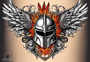 A Spartan Helmet with a phoenix encompassing it. The head of the phoenix would be above it and the wings would go around it and the tail would be below it tattoo idea