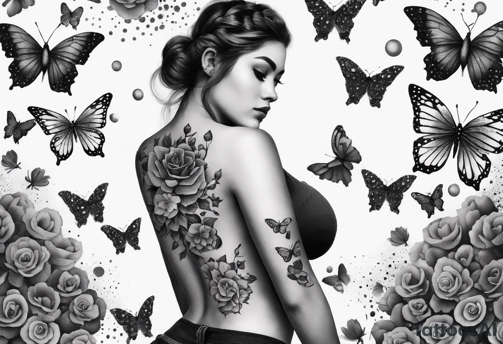 Mechanic body girl torso surrounded by butterflies tattoo idea
