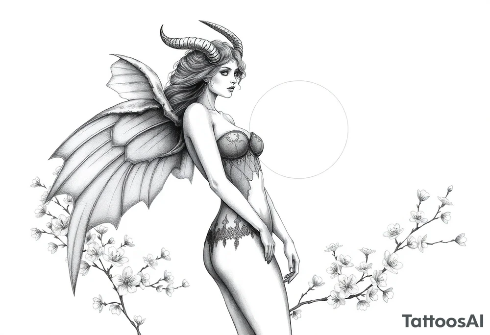 Hottest depiction of a starter the goddess of Love and war nude with see-through exotic lingerie at sunset with cherry blossoms with angel wings resembling a lunar moths also horns resembling antenna face off to one side slightly casting shadow tattoo idea
