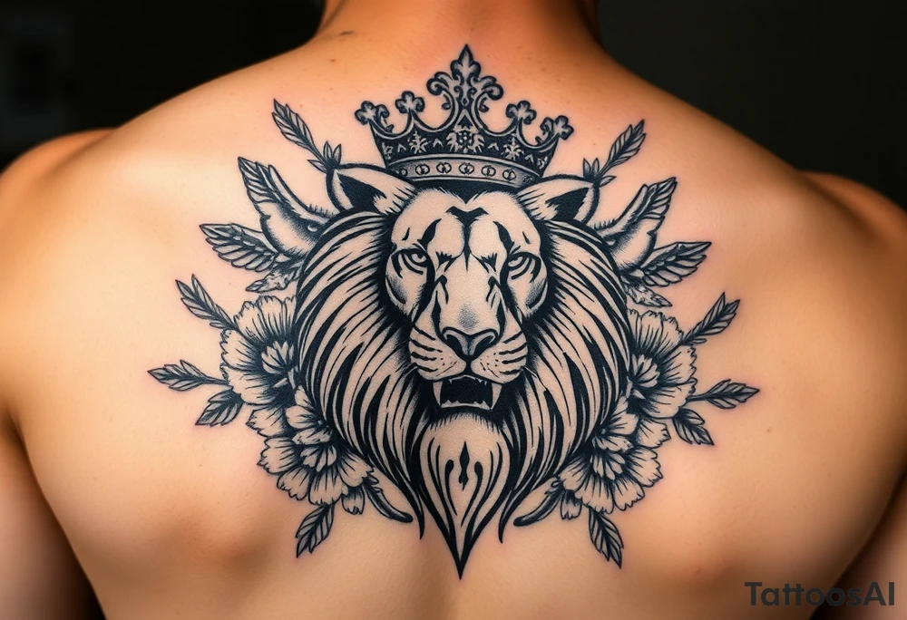 powerful majestic lion with a crown, surrounded by floral ornaments and birds tattoo idea