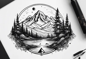mountain and space in thick line art tattoo idea