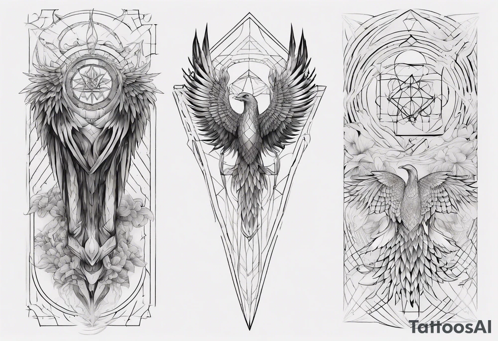 Sleeve for woman's arm sacred geometry Metatron's cube with phoenix tattoo idea