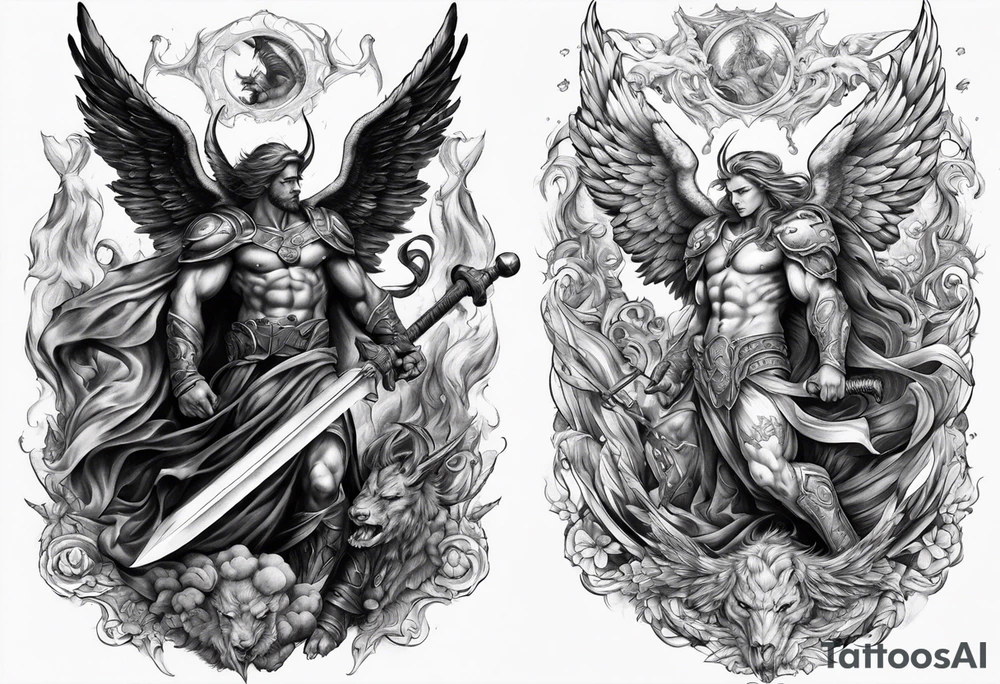 Angel vs demon battle scene half sleeve tattoo idea