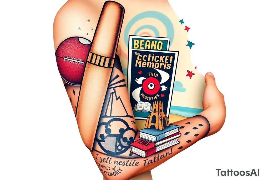 Collage of childhood memories including a football, a cricket bat, the Beano comic, a sandcastle and a small pile of books. tattoo idea
