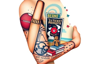 Collage of childhood memories including a football, a cricket bat, the Beano comic, a sandcastle and a small pile of books. tattoo idea