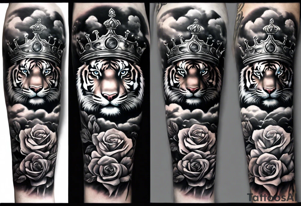 Full right arm sleeve  tiger with a crown and third eye with a hour glass instead the hour glass brain cover in in clouds and a heart cover in grass and roots with roses and smoke all over the arm tattoo idea