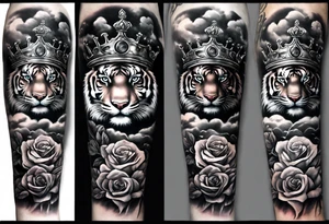 Full right arm sleeve  tiger with a crown and third eye with a hour glass instead the hour glass brain cover in in clouds and a heart cover in grass and roots with roses and smoke all over the arm tattoo idea