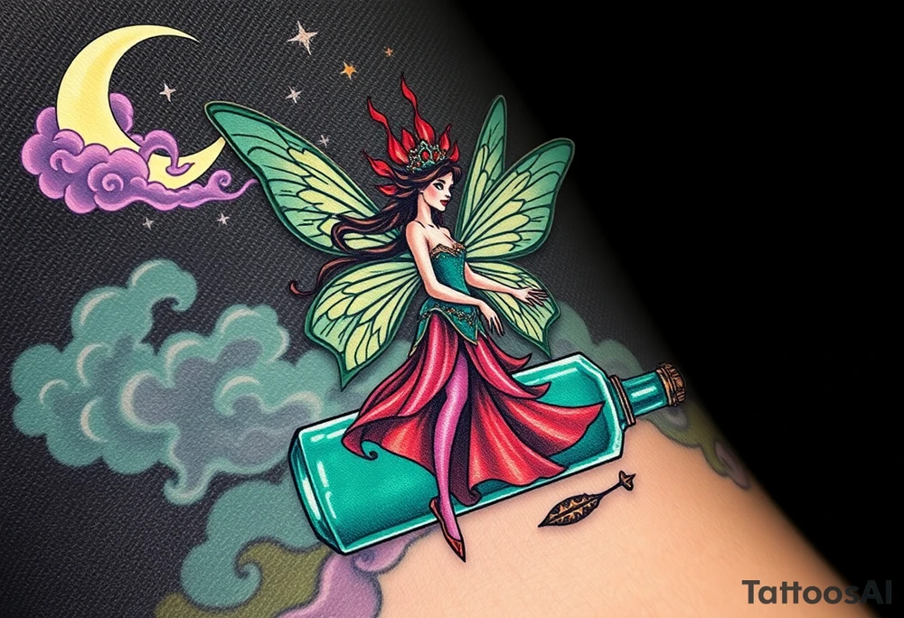Tim Burton’s kelly doty pin up style Vintage Parisian elegant and hauntingly beautiful yet eerie full body absinthe Green Fairy dances outside her victorian crystal decatur she was once inside this elaborate ornate bottle absinthe bottle Absinthe Art Nouveau   and dripping with muted reds, dusty pinks, and eerie green glow.purple and cyan smokey clouds swirl in the crescent moonlit sky thats sprinkled with stars tattoo idea