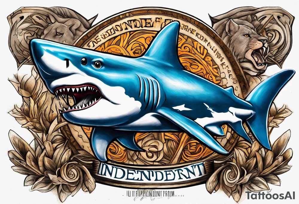 Half a lion half a shark back tattoo with the words “independent from birth” tattoo idea