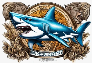 Half a lion half a shark back tattoo with the words “independent from birth” tattoo idea