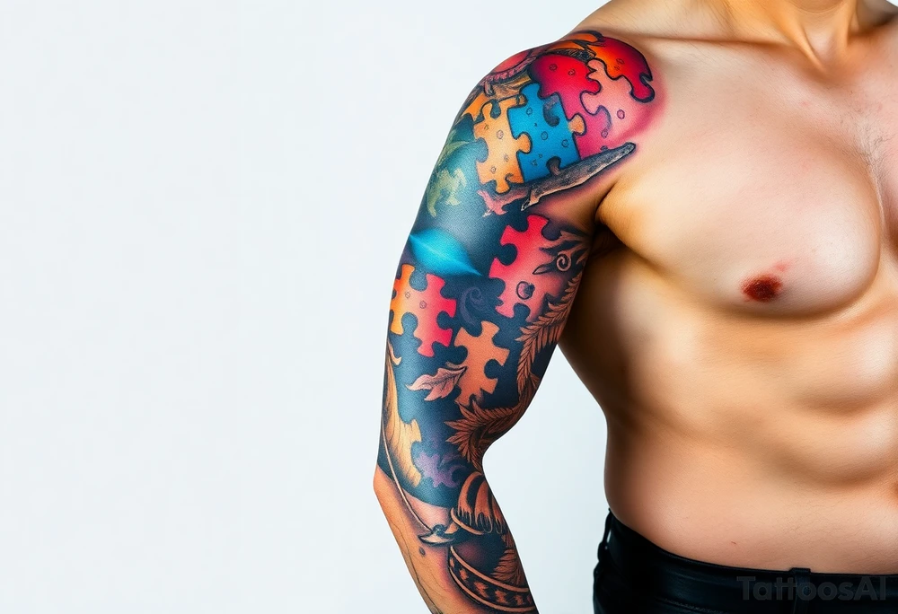 full left arm sleeve dedicated to my son with autism full color giving him the world autism awareness tattoo idea